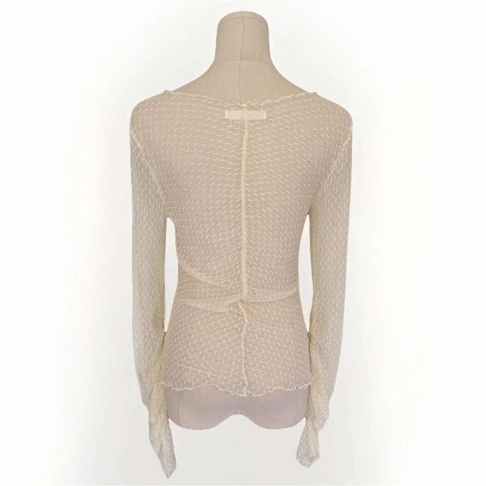 Oak + Fort Sheer Cream Mesh Long Sleeve Top XS/S Ruched Sleeve Boho Fairy Preppy